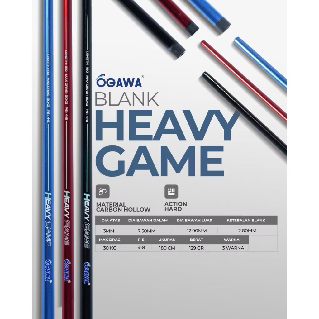 Ogawa Heavy Game Blank Joran Kaku Carbon Hollow 180cm Merah Biru Hitam