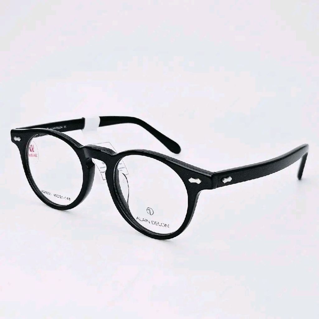 ORIGINAL Frame Kacamata Pria Wanita Bulat Alain Delon AD6031 Original Bahan Asetat Hitam Glossy Bisa