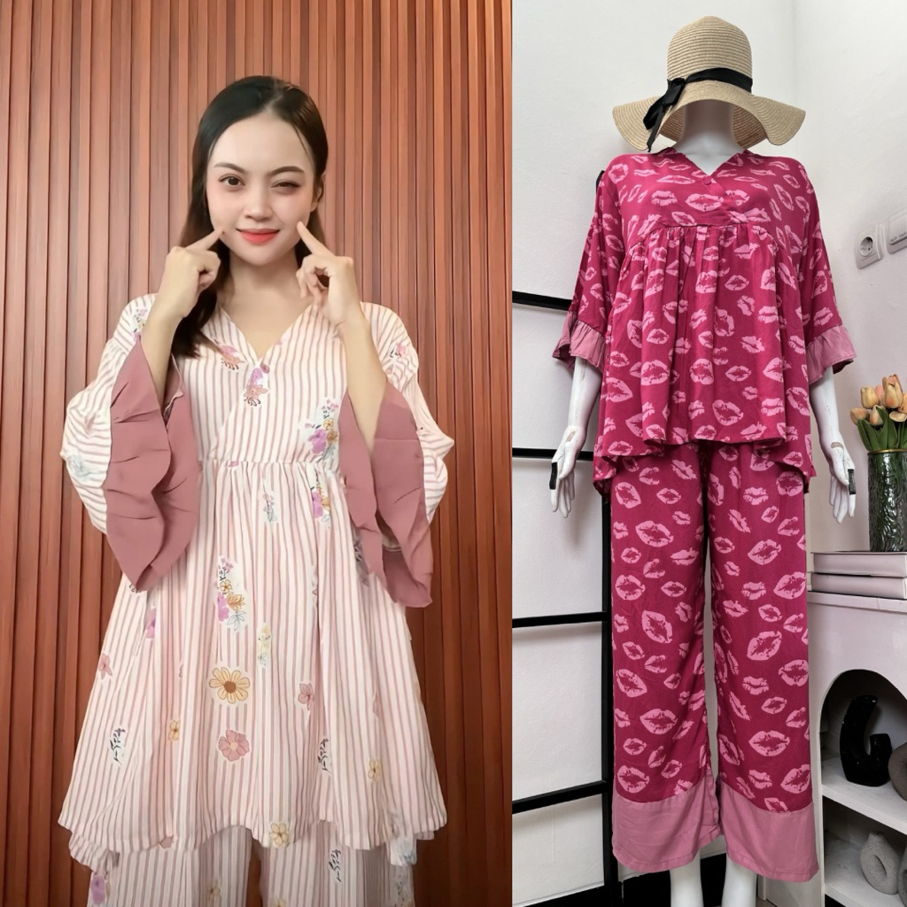 PIYAMA JUMBO KIMI SET LD 120/Setelan rayon lengan 3/4/baju tidur wanita kekinian/setelan kimono