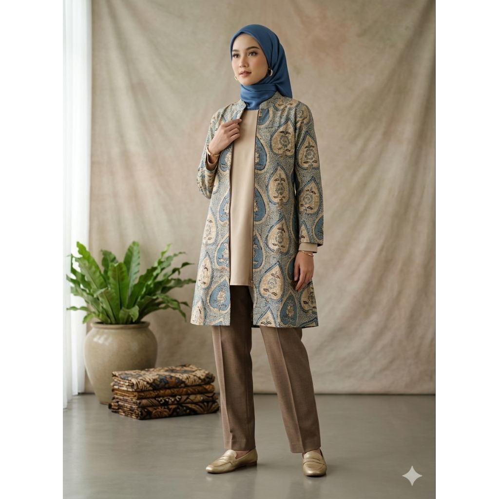 batik wanita motif klasik bokor kencono lawasan warna biru tunik premium