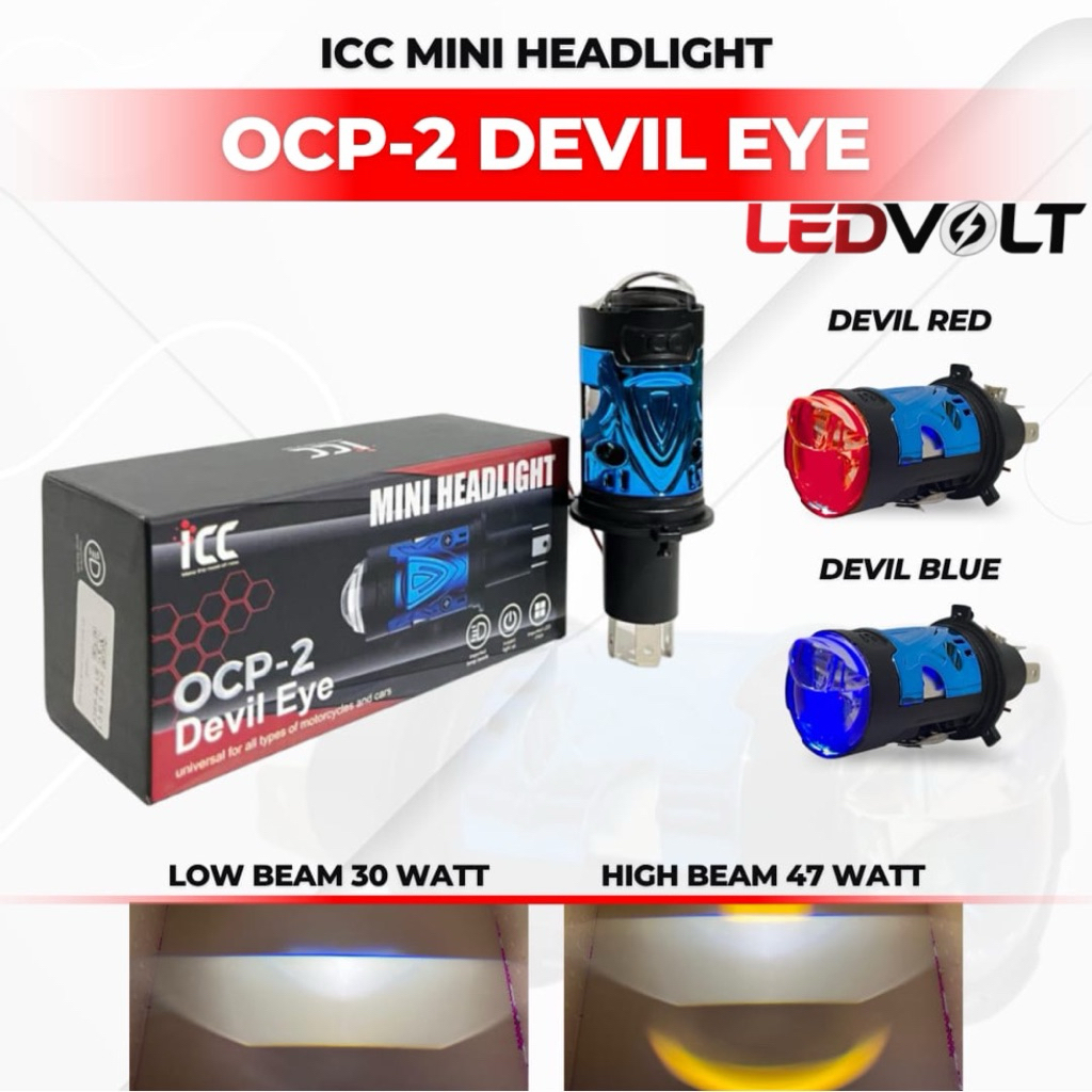 Lampu Mini Laser Biled Mobil / Motor Soket H4 OCP-2 ICC Blue Lens Plus Devil Merek ICC (by Bull AES)