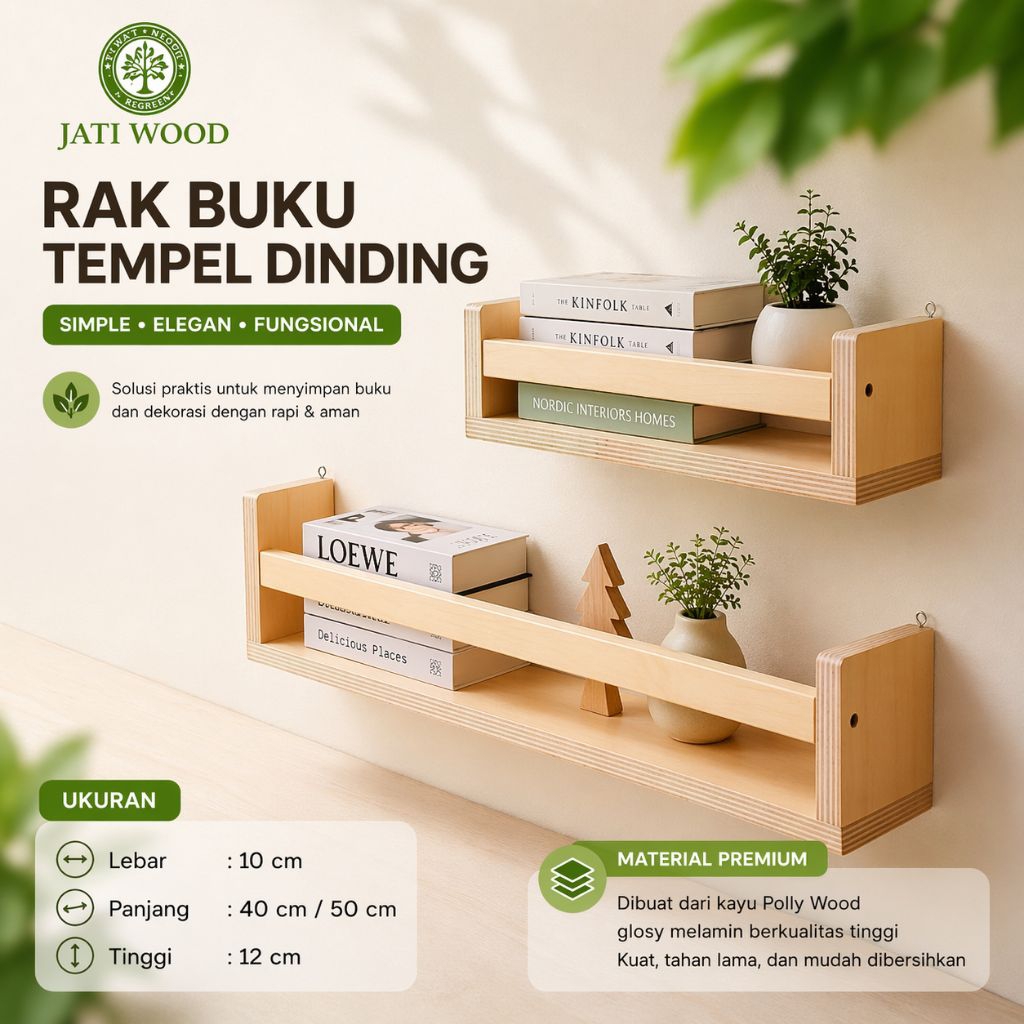 Rak Buku Tempel Dinding Kayu Minimalis | Rak Dinding Estetik Serbaguna Kuat & Kokoh