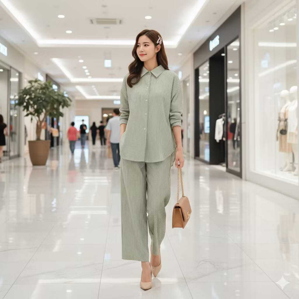 Set Kemeja Iranandha Outfit Set Oversize Salur Striped Setelan Kemeja Wanita Oversize Semiwool Katun