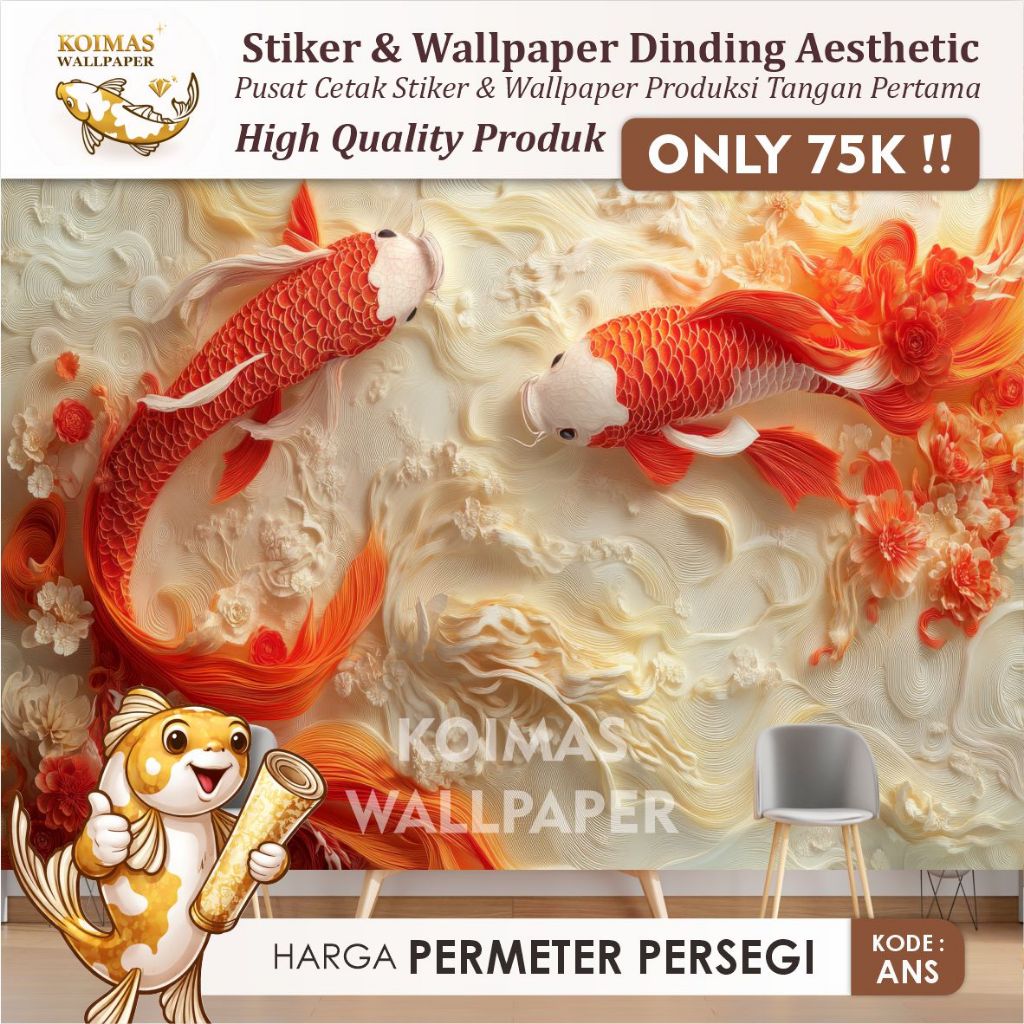 Stiker Wallpaper Dinding Ikan Koi Fish 3D Dekorasi Dinding Ikan Koi Realistis 3D Premium Kualitas Im