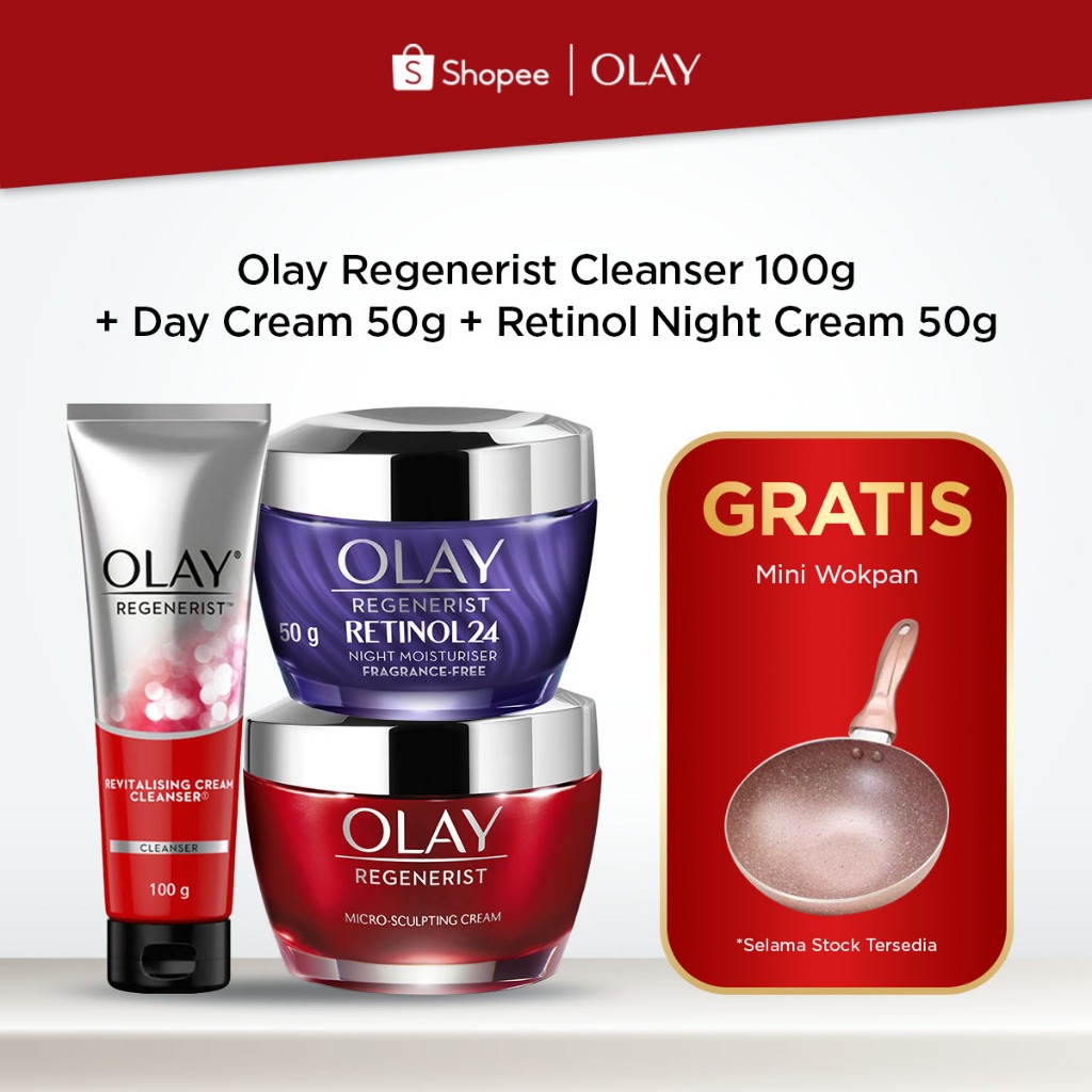 Olay Regenerist Set Lengkap Sabun Cuci Muka Cleanser & Pelembab Pagi & Retinol 24 Pelembab Malam Kri