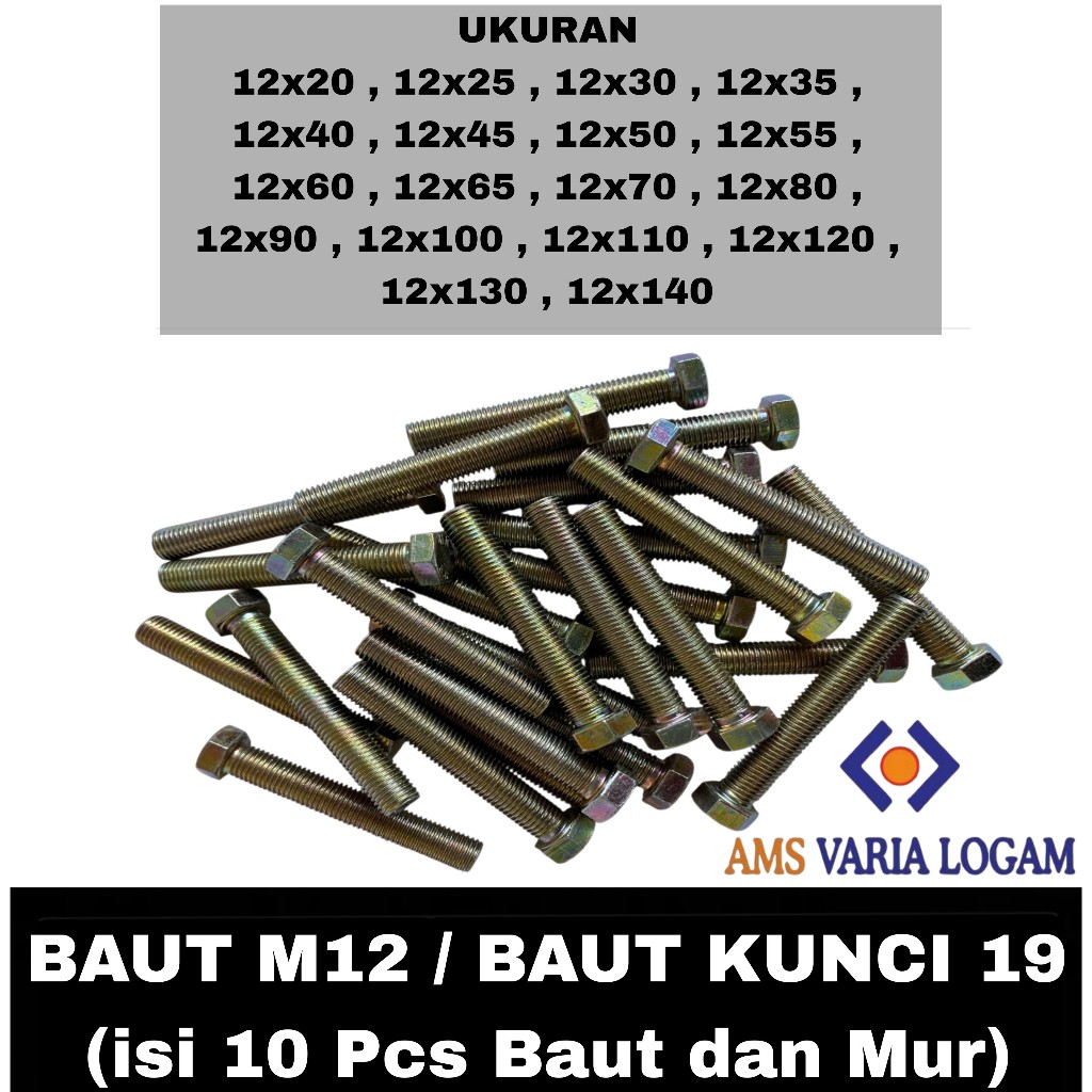 10 PCS Baut Mur M12 Hexagon Kuning (KUNCI 19) / BAUT M12 / Baut mur MURAH / BAUT MUR M12 PANJANG 20 