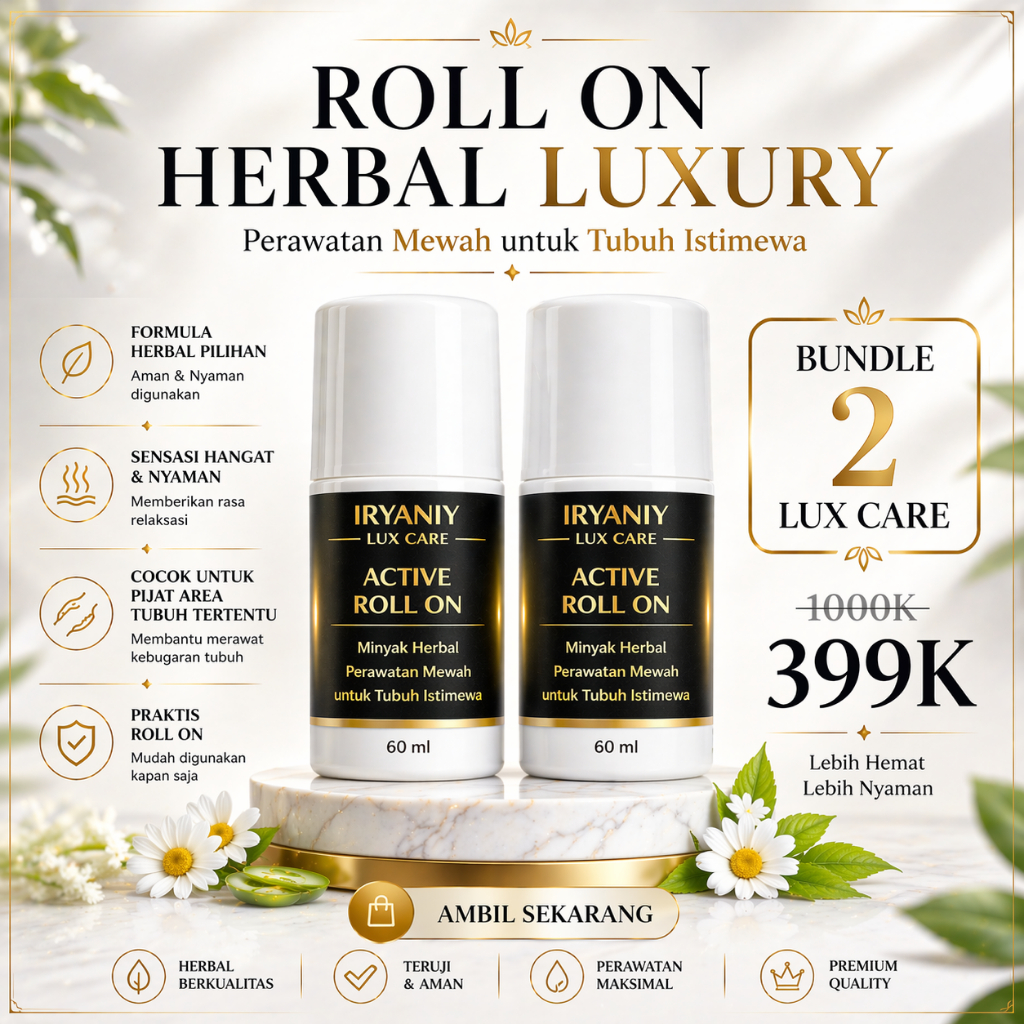 Bundle 2 Iryaniy Lux Care Roll On 60ml – Minyak Herbal Pemijatan Area Tubuh Tertentu | Praktis & Lux