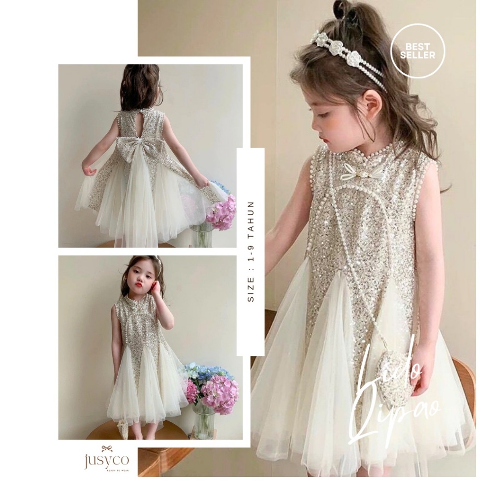 Lido Sequins Qipao Dress /Dress Qipao Pesta Anak Perempuan Tanpa Lengan