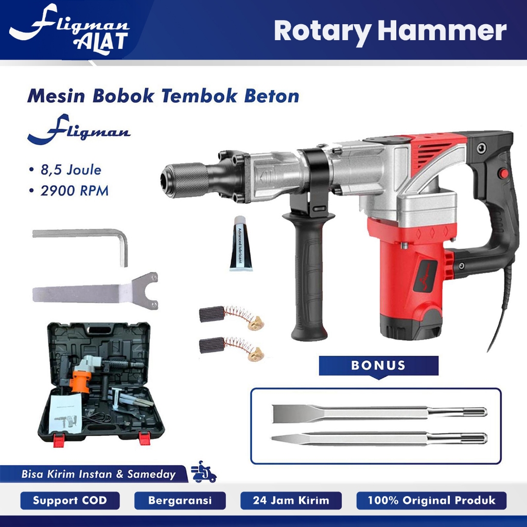 Rotary Hammer Mesin Bobok Beton Listrik Electric Hammer 1200W 2900 RPM Bonus Point Chisel Flat Pahat