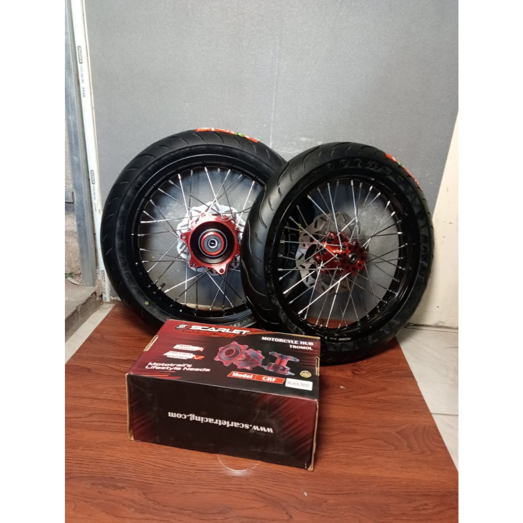 Paket Supermoto CRF Velg 215/250 Ban Maxxis - Tromol Scarlet - Siap Pasang