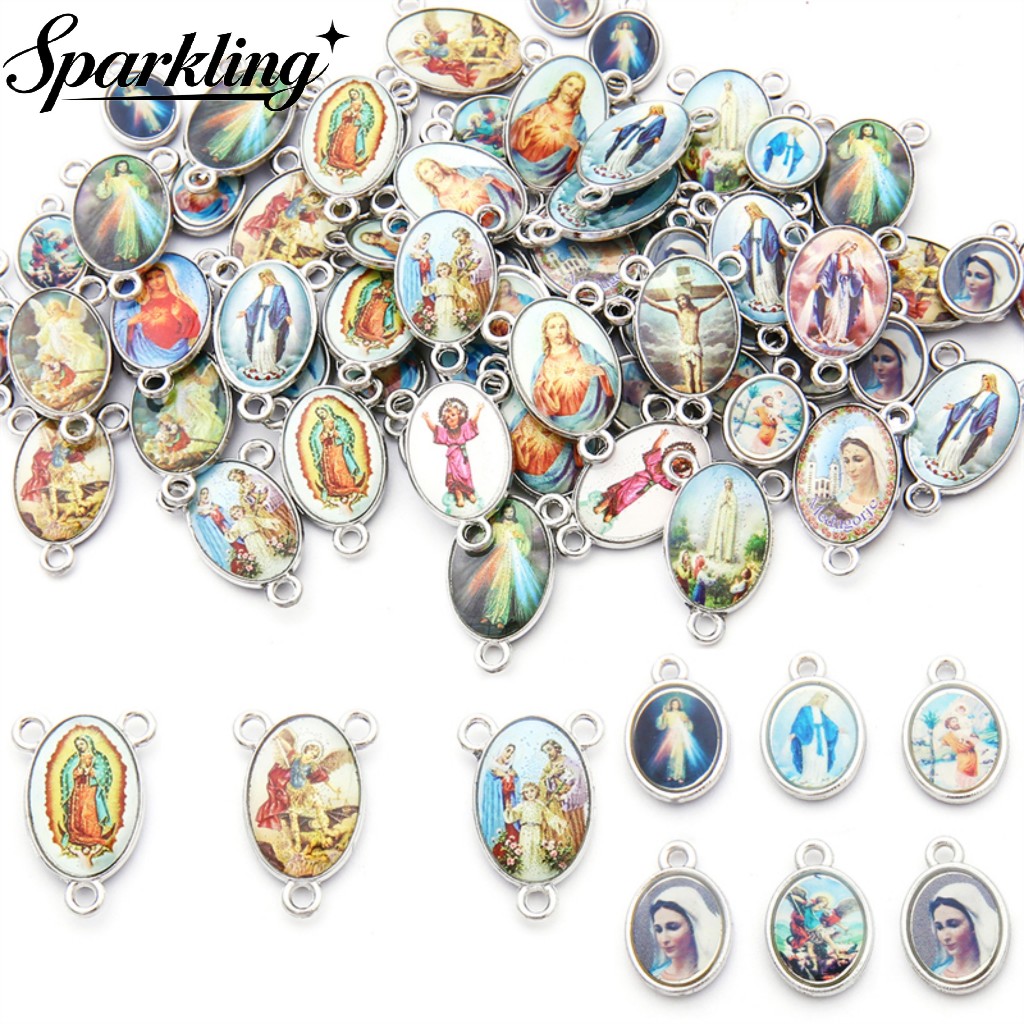 Charm Paduan 3 Lubang Campur Gaya Yesus & Bunda Maria 20pcs Untuk DIY Perhiasan