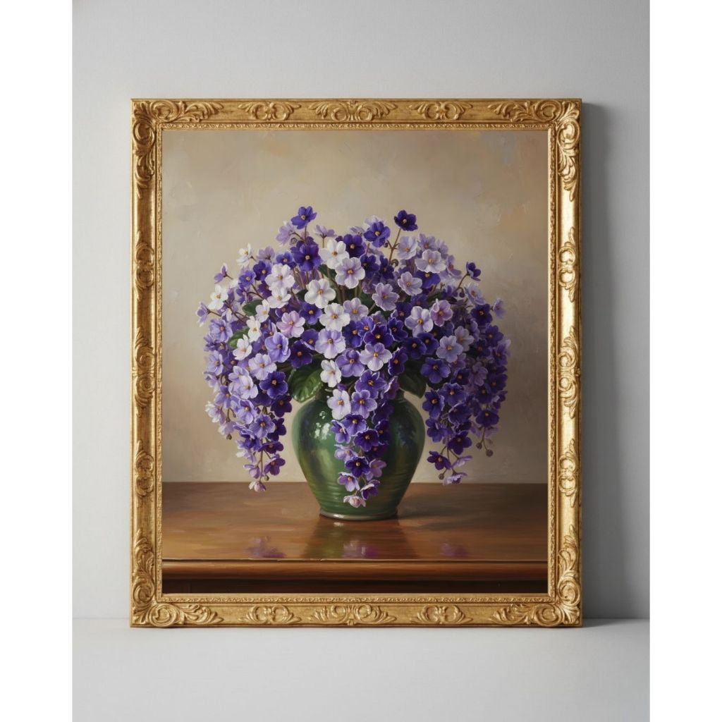 Lukisan Kanvas Bunga African Violet Ungu | Dalam Vas Hijau Elegan | Bingkai Kaca 60x75cm Siap Gantun