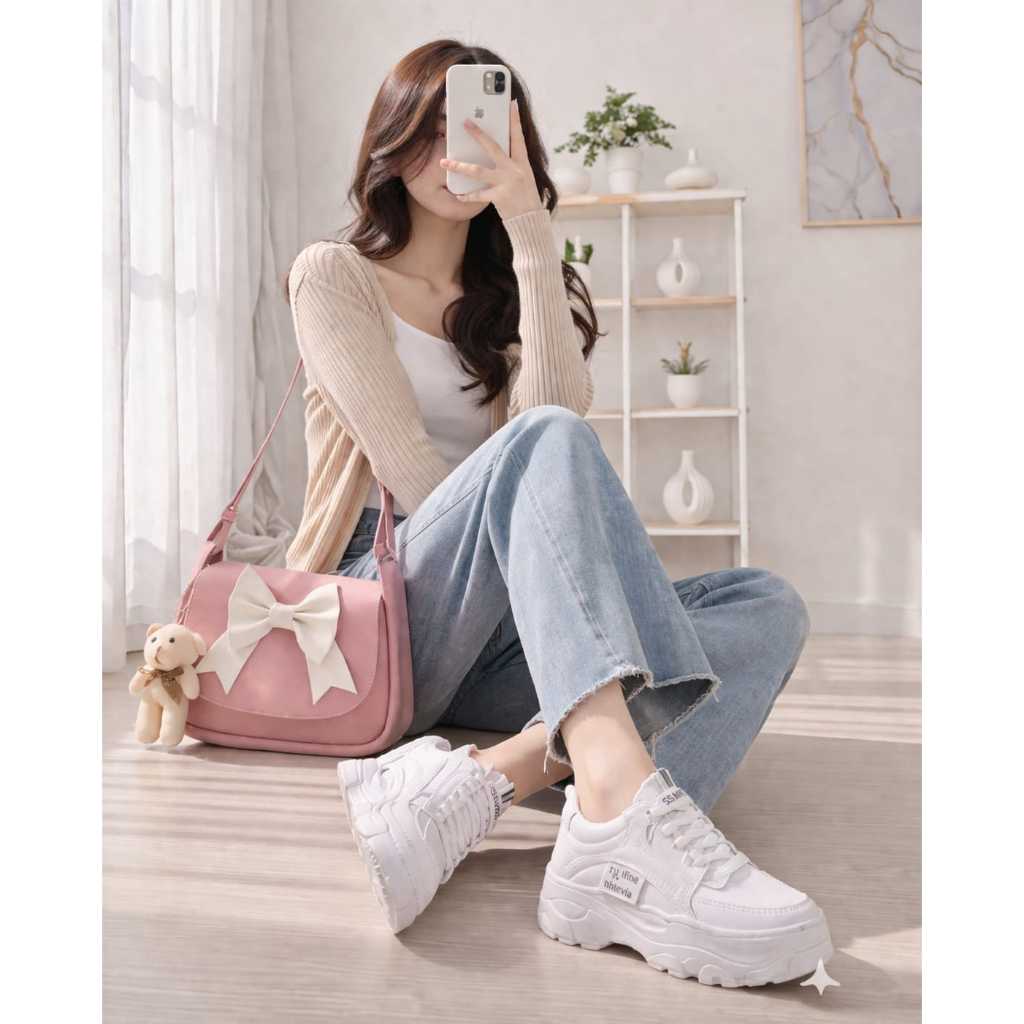 Set Sepatu Wanita + Tas Selempang Pita Lucu |sepatu Sneakers Putih Kekinian Fashion Korea