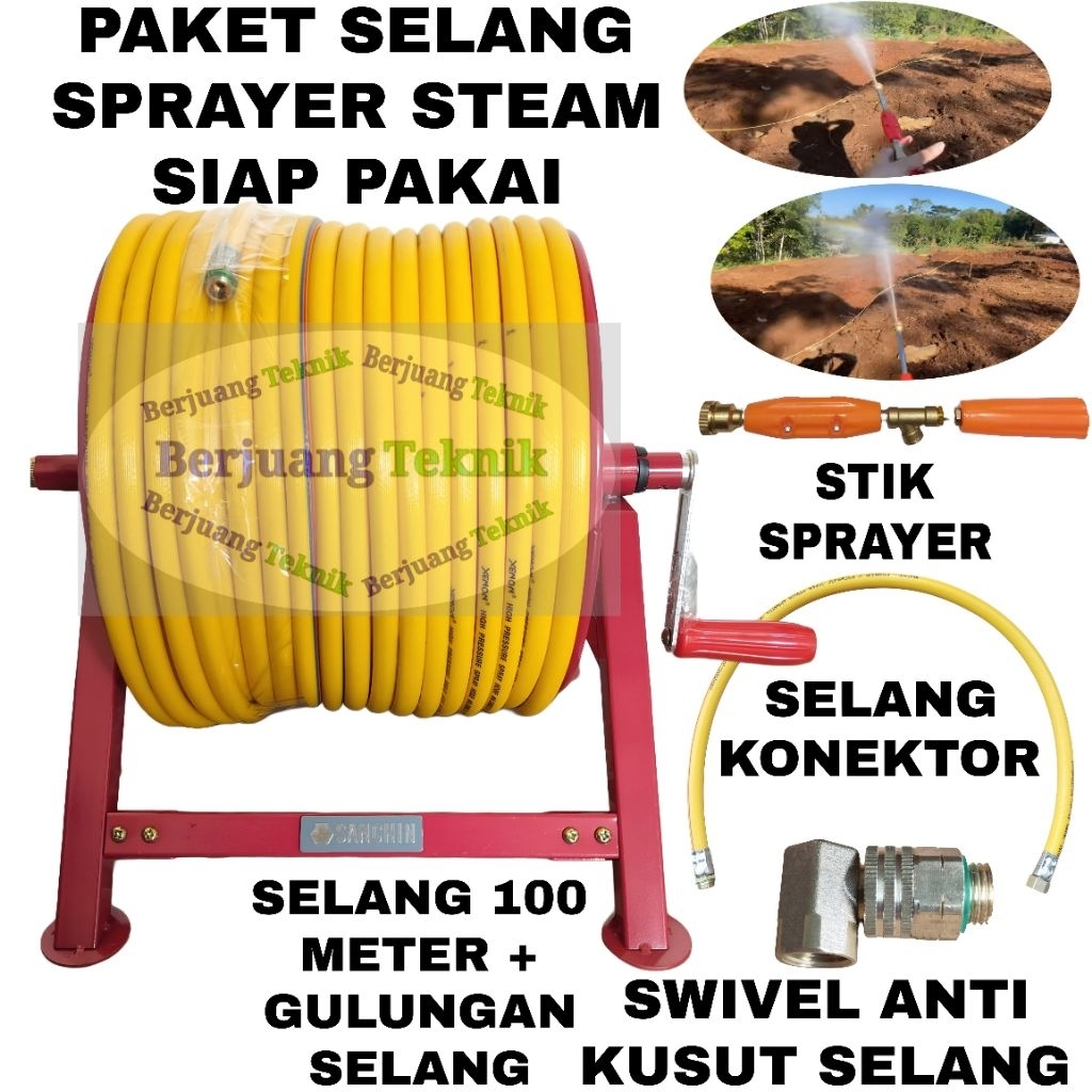 Selang Steam, Selang Air 100 Meter Komplit Gulungan Selang dan stik lurus sprayer
