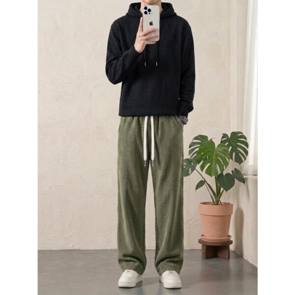 Celana Panjang Corduroy Pria Wanita Oversize Hijau Army Kalcer Outfit Skena Kasual Korean Style