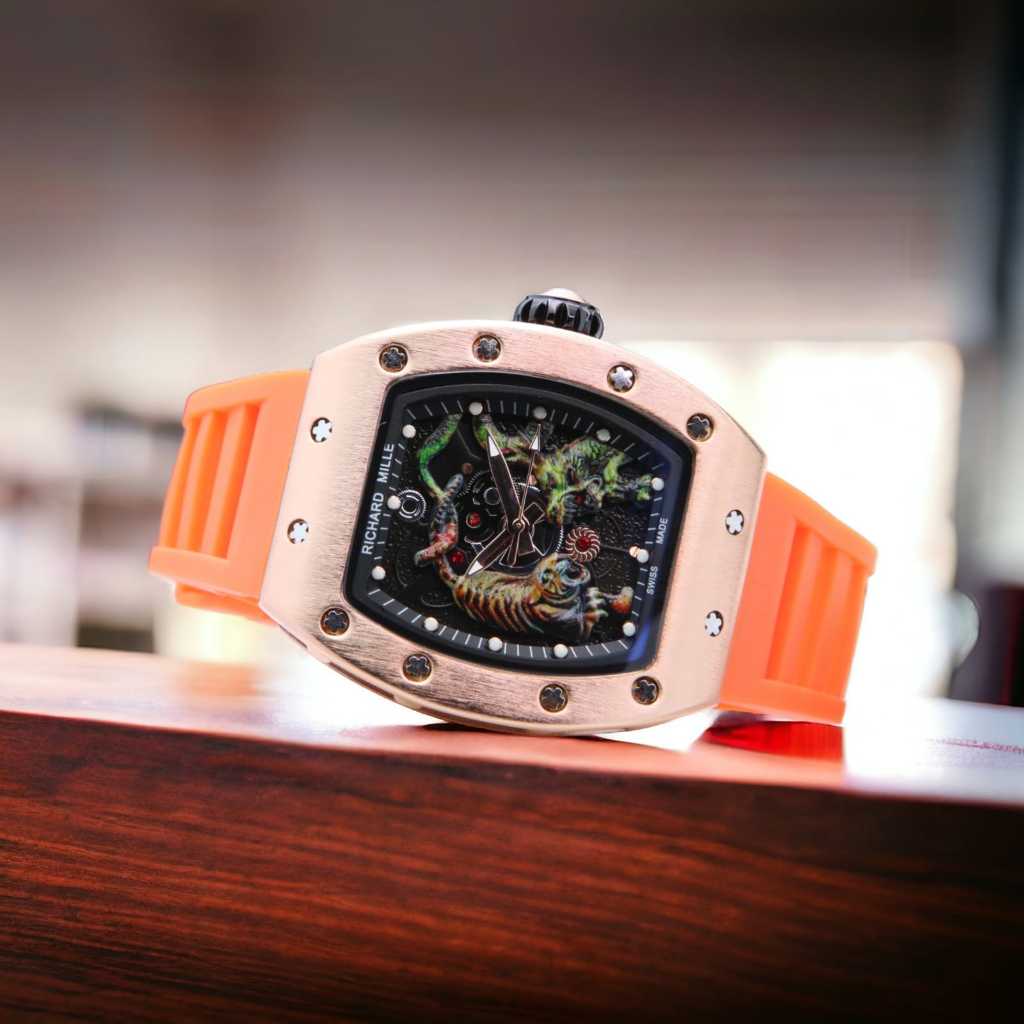 Jam Tangan Pria Man Analog Stainless Steel Rich4rd M1lle RM 51-01 Tiger And Dragon Case Black Rubber