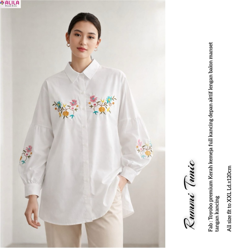 Rummi Long tunik putih bordir asli ld 120 JUMBO / alila