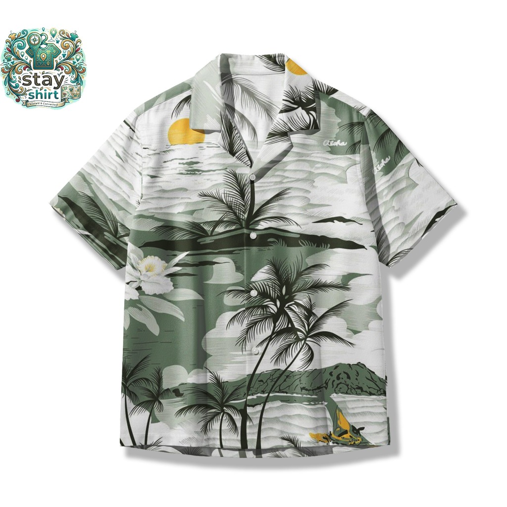 Kemeja Pantai Aloha Island Sunset - Baju Liburan Unisex Tropis Sage Green STY71