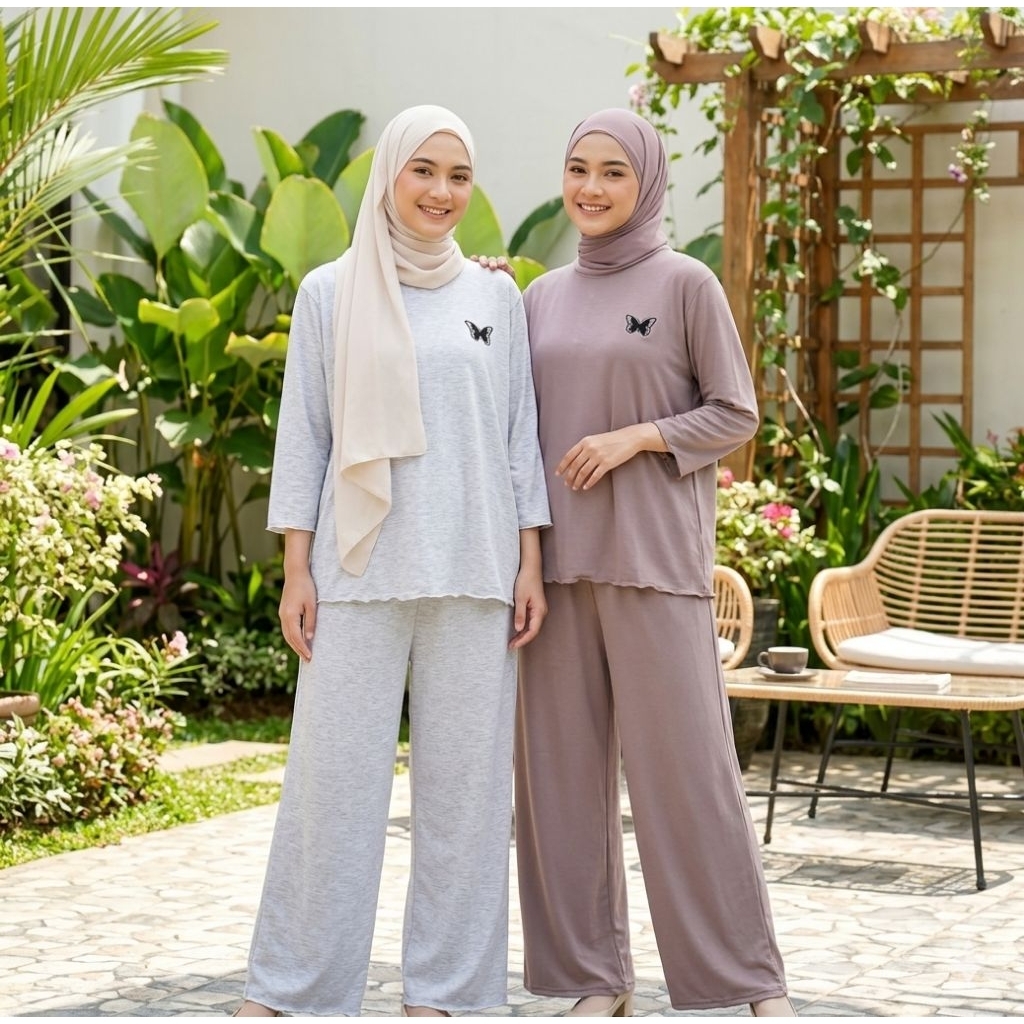One Set, setelan busana wanita lengan panjang celana panjang berbahan babyterry , halus nyaman, ring