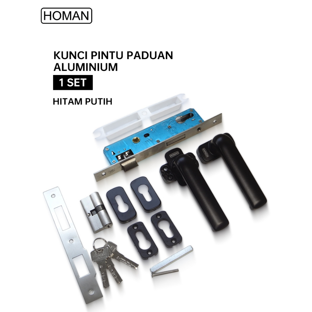 Homan Handel Set Pintu Aluminium - Kunci Pintu Aluminium Hitam Putih Handel Kunci