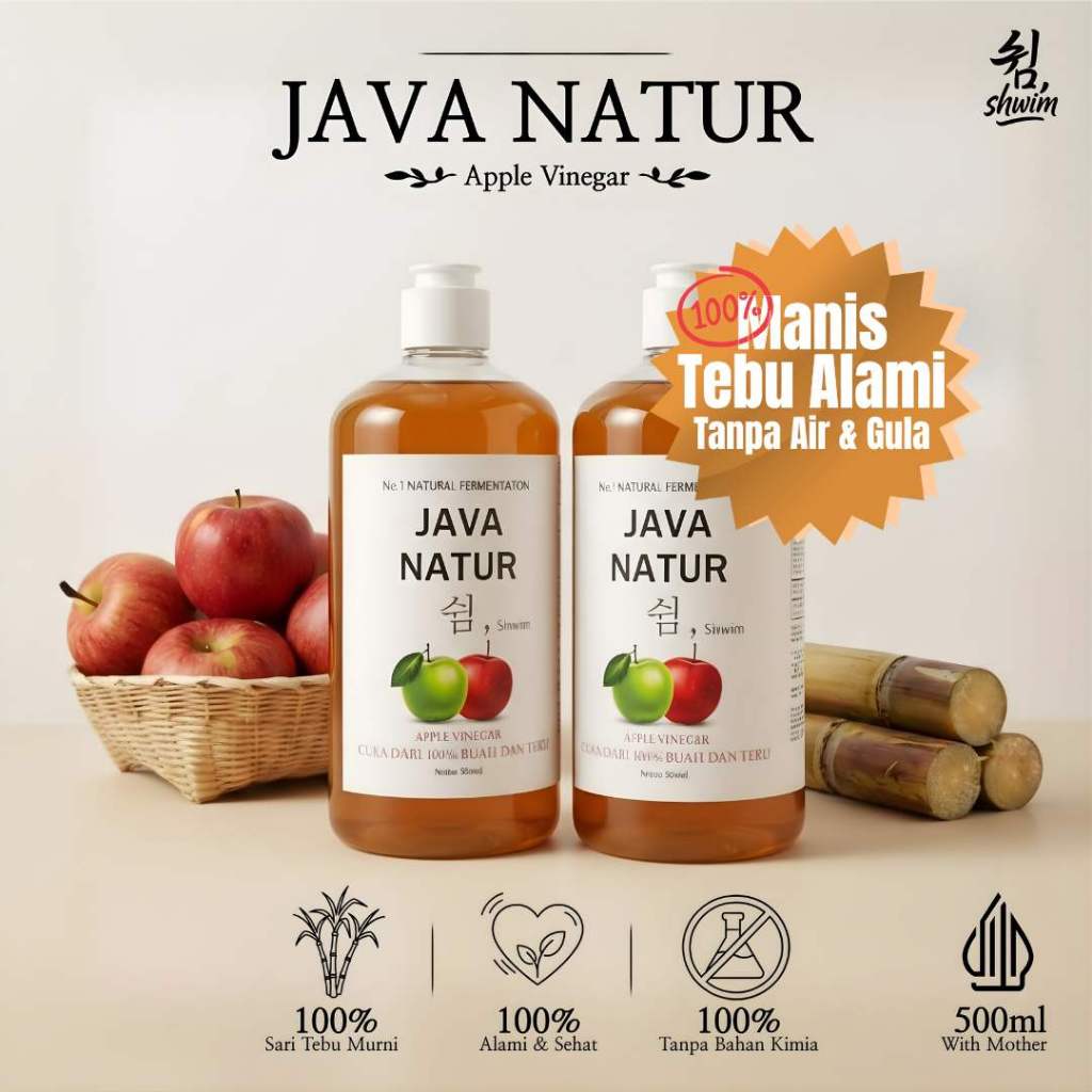 JAVA NATUR Shwim Cuka Apel [isi 2 botol] 100%Original Sari Apel dan Tebu 500 ml