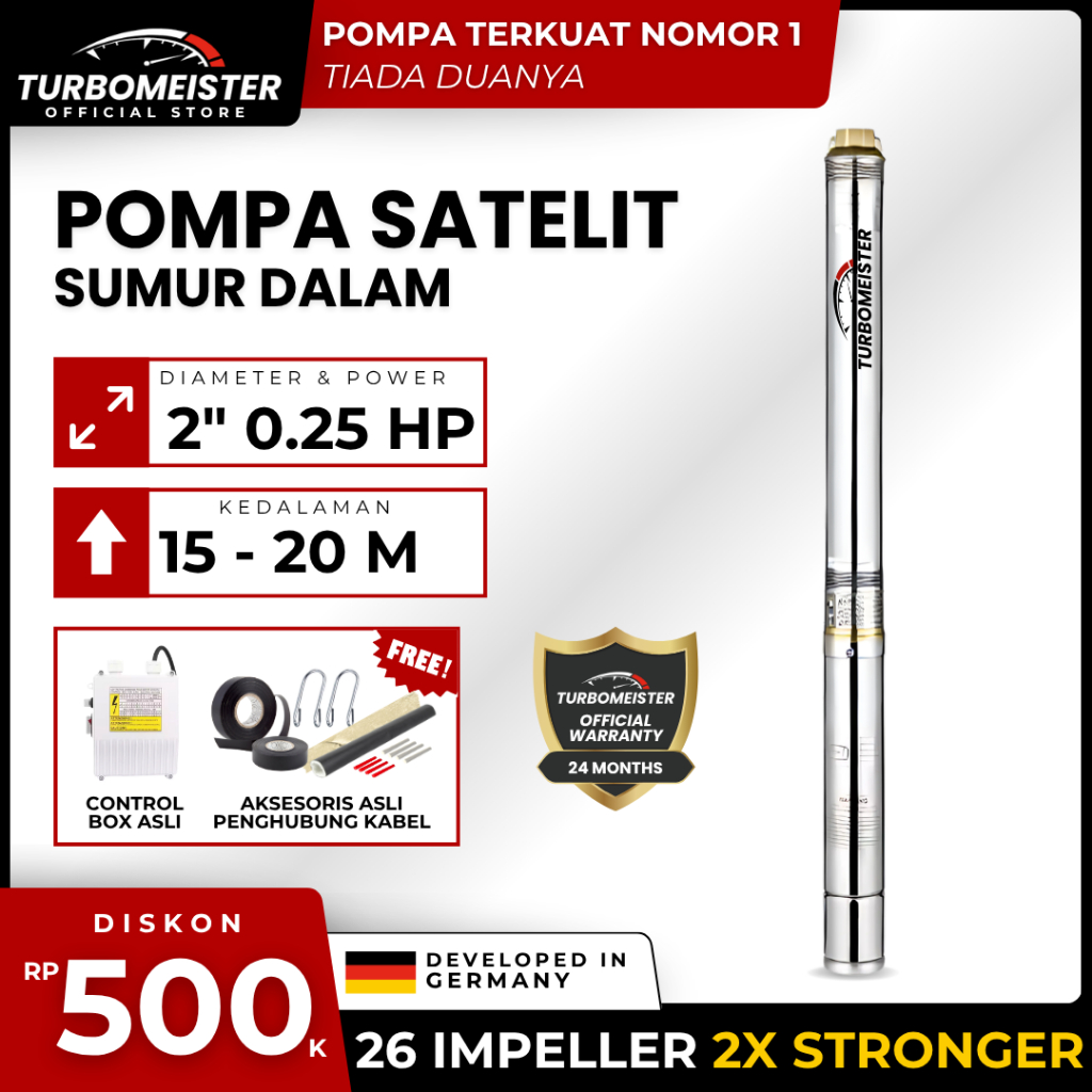 Pompa Satelit 2 Inch Turbomeister 0.25 HP - Pompa Submersible / Sibel - Sumur Dalam Maks 20 meter
