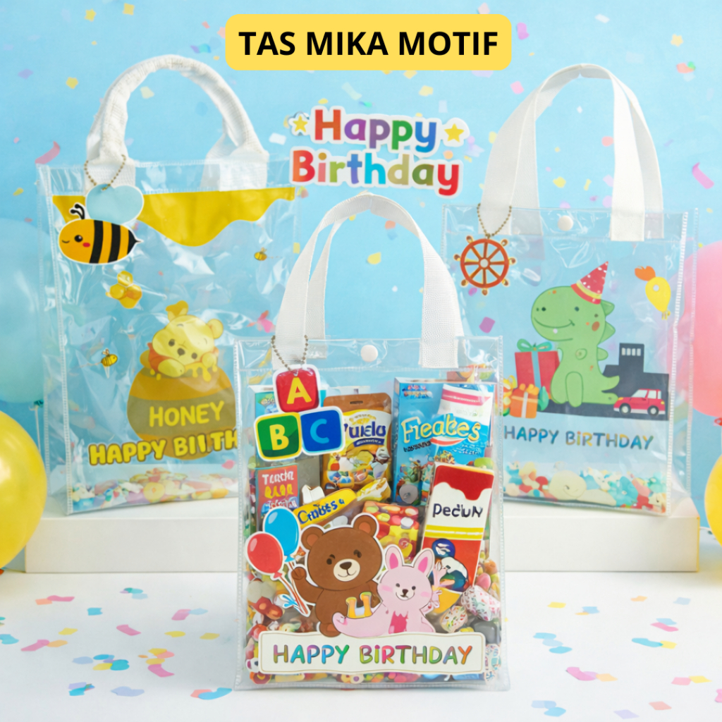 Tas Mika PVC Transparan Motif Ulang Tahun / Tas Bening Transparan Hampers Ulang Tahun Lucu Bear