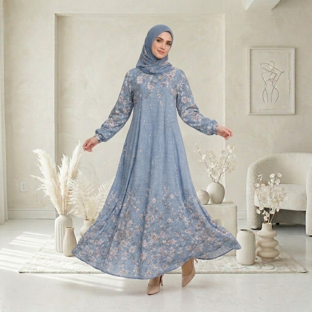 Gamis Mewah Elegan Terbaru Liana Dress BO Bahan Ceruty Printing  Motif Bunga Full Furing ( Free Hija