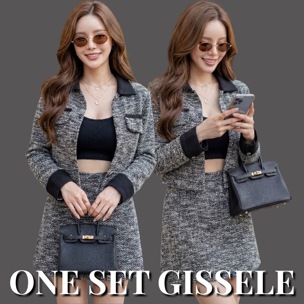 One Set Gissele Wanita Premium Import Bangkok Korean Style Tweed Set Blazer + Skirt Elegant Chic For