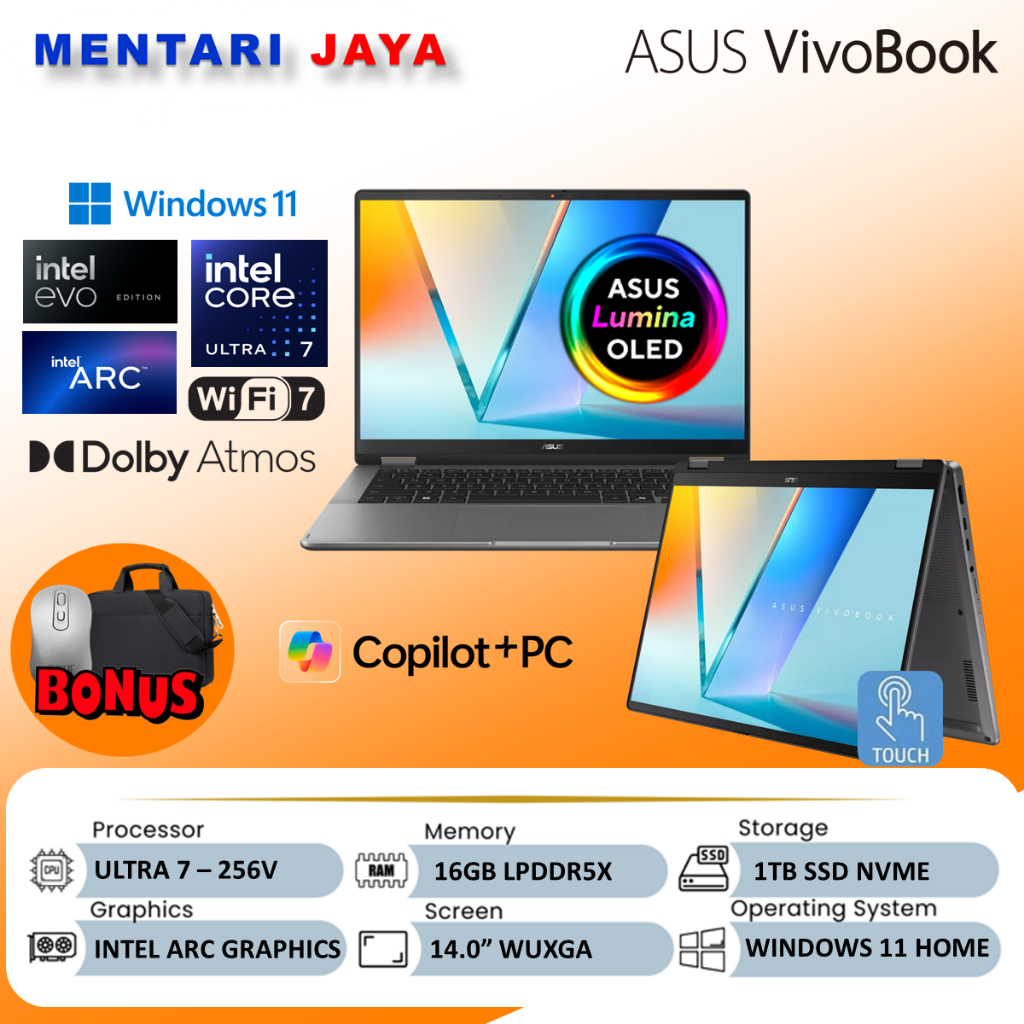 ASUS Vivobook 14 Flip OLED Ultra 7 256V 16GB 1TB Touchscreen 2in1 Laptop TP3407SA WUXGA Win11
