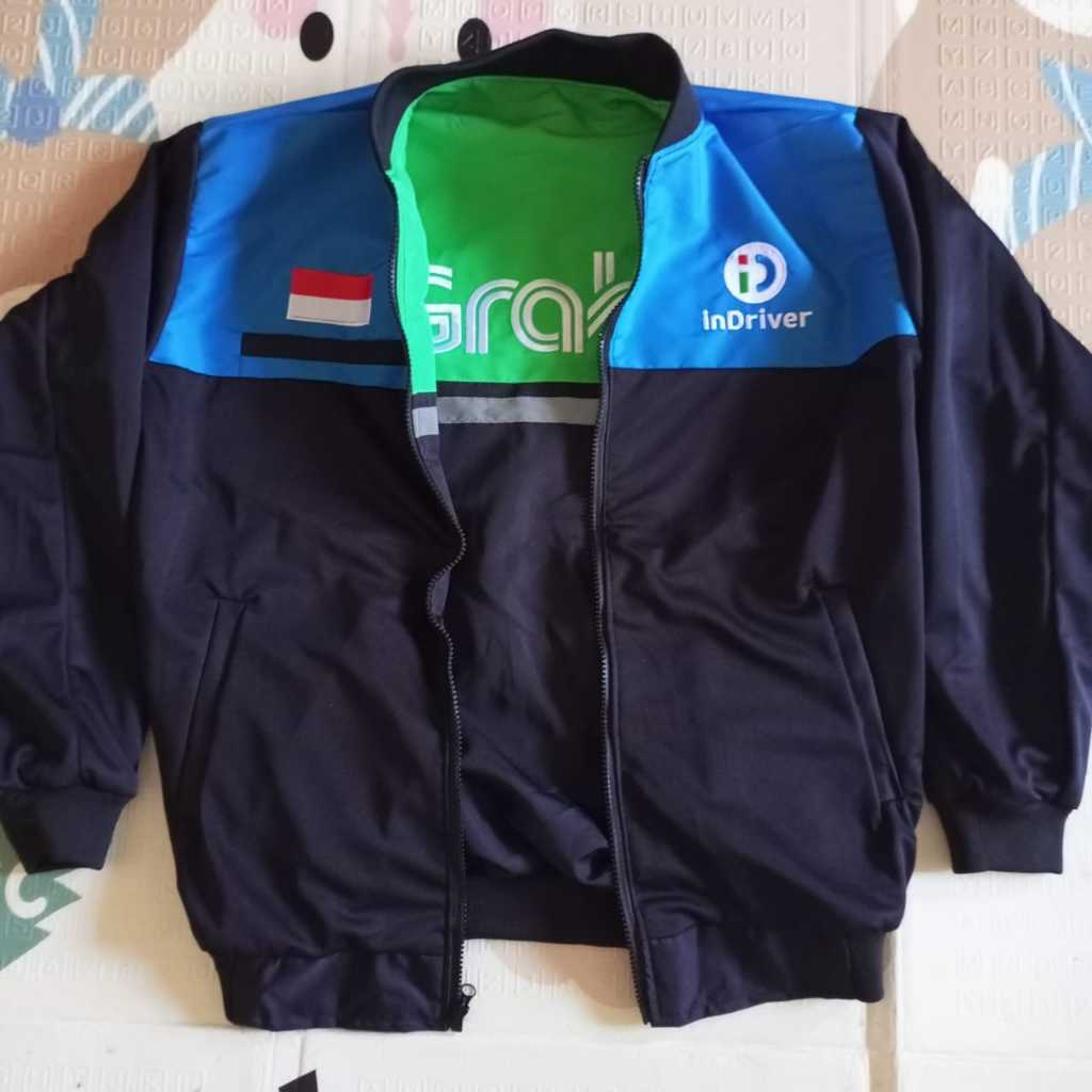 JAKET INDRVE BIRU BOLAK BALIK GRAB SETENGAH HITAM BORDIR MURAH