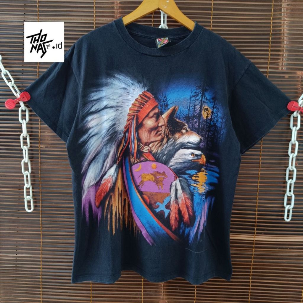 Kaos Rare Vintage 90s 3d Emblem Indian Native American Harley T-shirt L