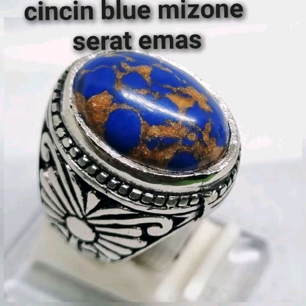 Batu cincin batu akik blue mizone serat emas batu akik pria terlaris