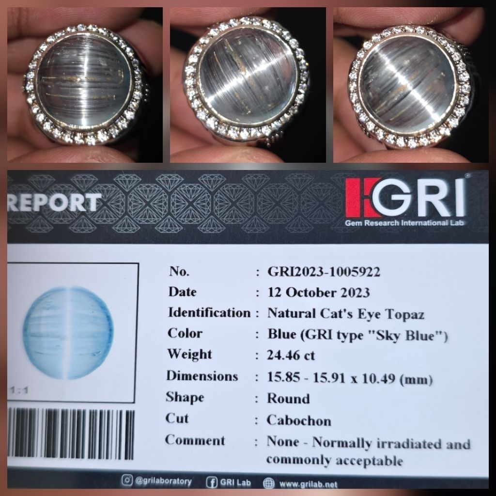 Batu Natural HQ Rare Cat Eye Sky Blue Topaz Memo 24.46 crt