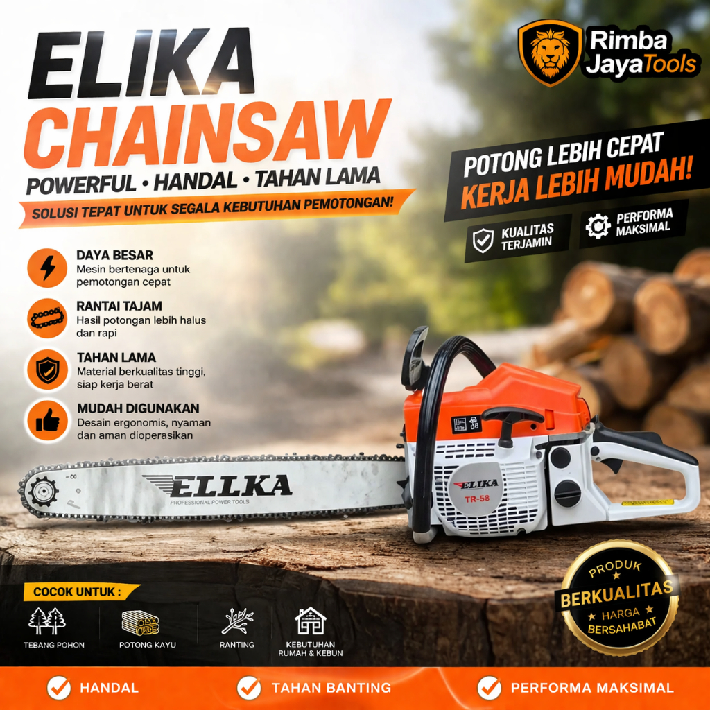 ELLKA Mesin Potong Kayu 58CC Mesin sinso senso Chainsaw 2Tak 22inch Original Gergaji model stihl