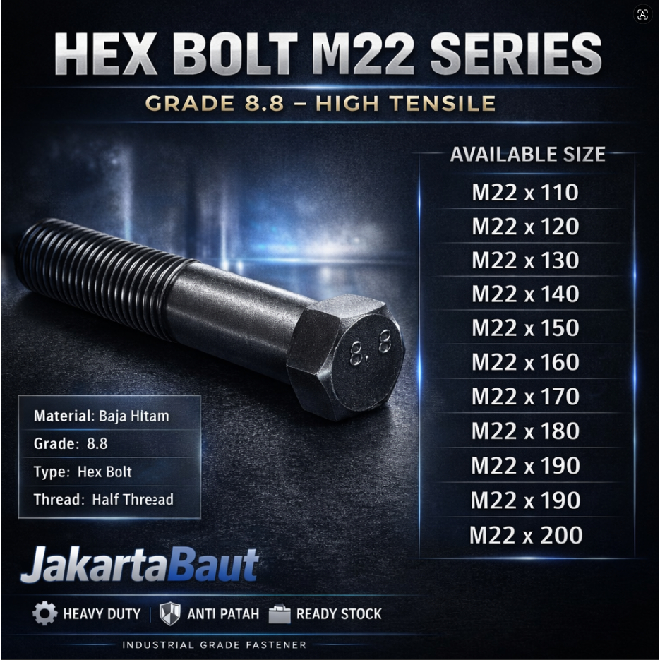Baja 8.8 Baut M22X120 / Baut 22X120 / M22 X 120 / 22 X 120  Grade 8.8 HTB - High Tensile Bolt Half D