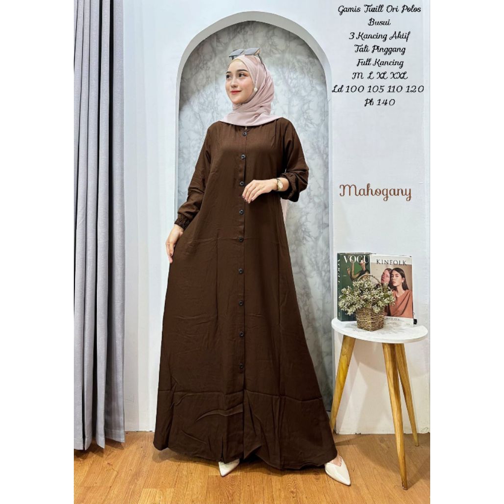 Gamis Twill Original Polos Terkini/Gamis Elegan Polos Mahogany Twill Ori/Gamis Polos Full Kancing Ke