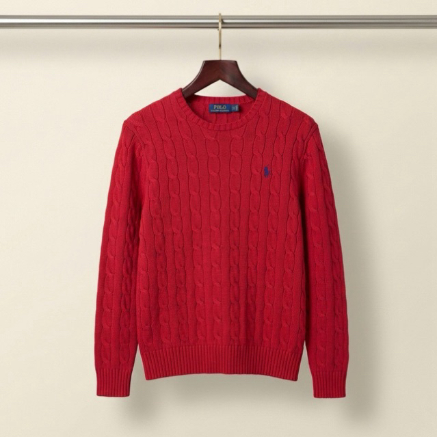 Sweater Polo Ralph Lauren Cableknit Rajut Full Kepang Lava Red