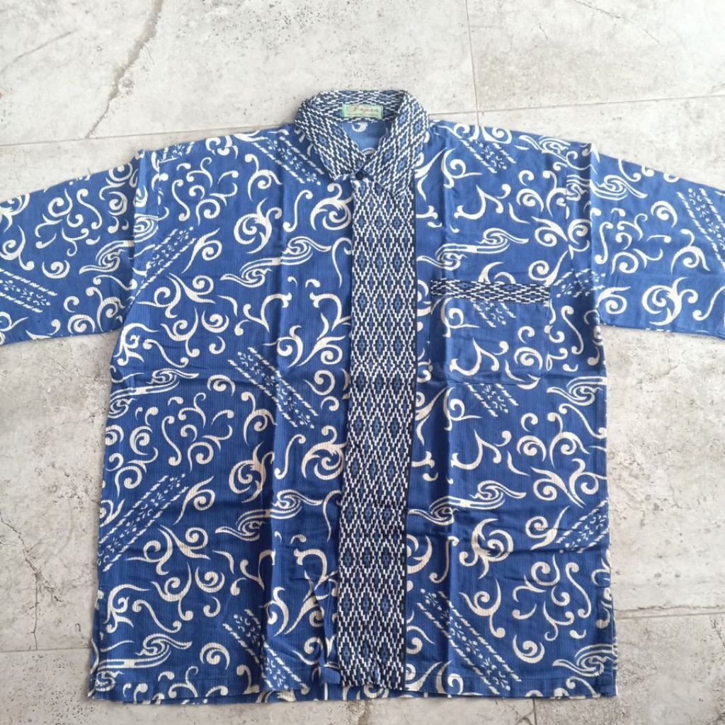 kemeja batik lengan pendek Biru