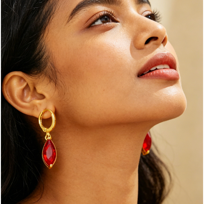 Anting emas wanita Anting Gantung Emas Batu Permata Hijau & Merah - Elegan Vintage, Kasual, Elegan, 