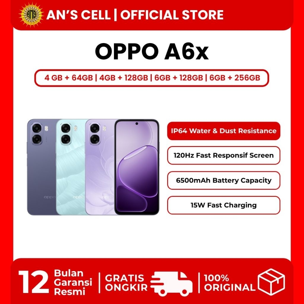 OPPO A6x Ram 4/64GB | 4/128GB | 6/128GB | 6/256GB - ( Battery 6500mAh, Snapdragon 685) - Garansi Res