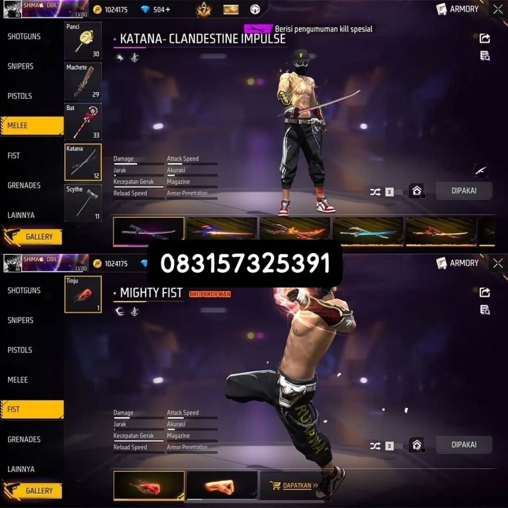 AKUN FF SULTAN-LEVEL TINGGI, SKIN LENGKAP READY AKUN FF MURAH-BAGUS FULL SKIN
