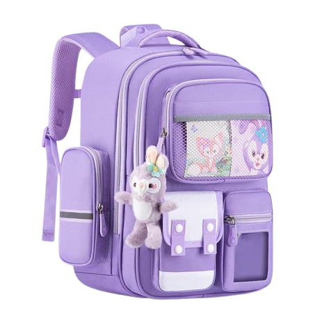 Tas Ransel Sekolah Anak Laki-Laki dan Perempuan, Desain Fashion, Banyak Saku, Warna Ungu