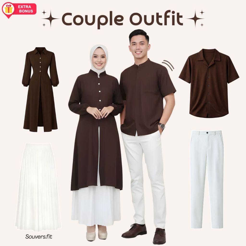 One set Couple Tunik Rok Plisket Hijab Segi Empat Cewe Kemeja Basic Pendek Celana Chinos Cowo | ootd