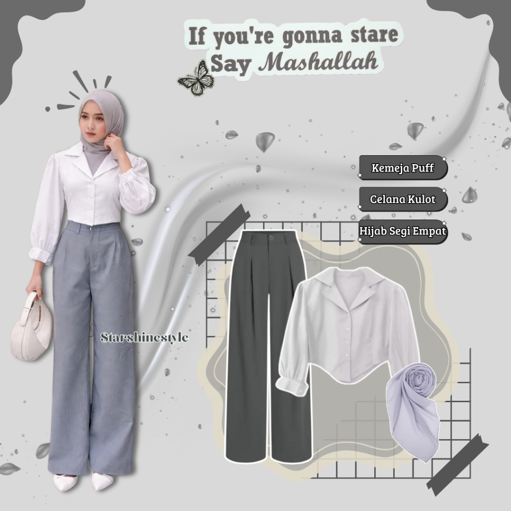 Setelan Hijab Kekinian [ Kemeja Puff, Celana Kulot, Hijab Segi Empat ] Outfit Hangout Elegan STR59