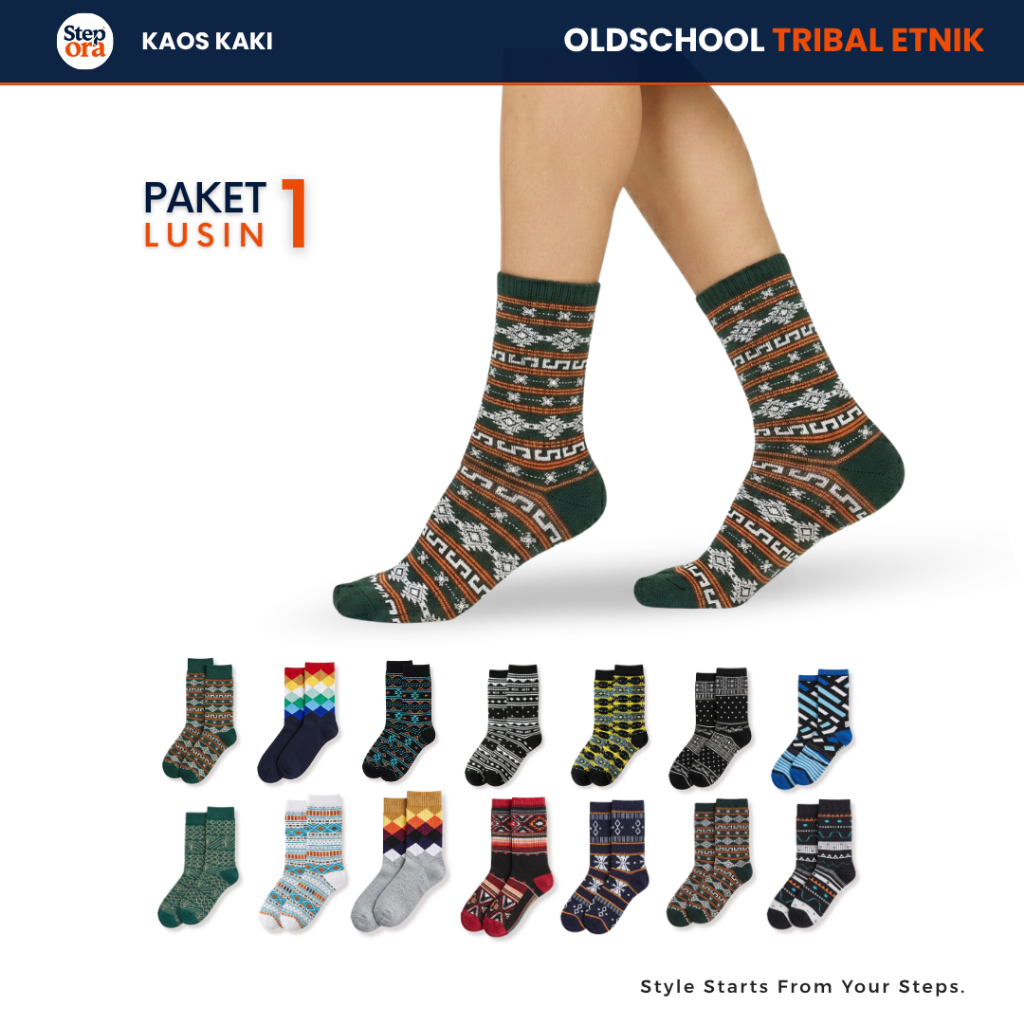 Paket 1 Lusin Kaos Kaki Tribal Etnik Oldschool Dewasa Unisex Panjang Sebetis Tebal Grosir