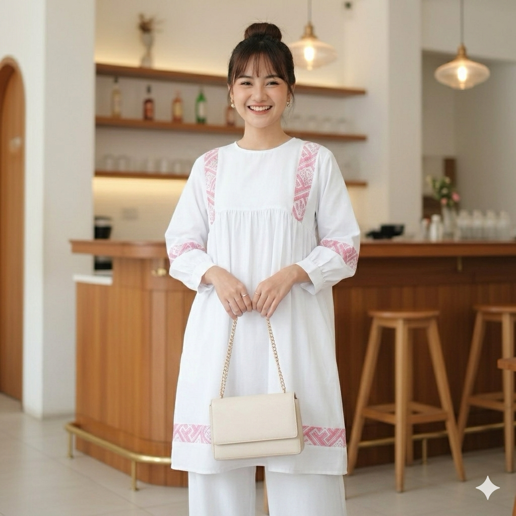 Shanaya Baju Batik Wanita Set Tunik Kulot Bahan Toyobo Putih Kombinasi batik cap setelan dress cerah