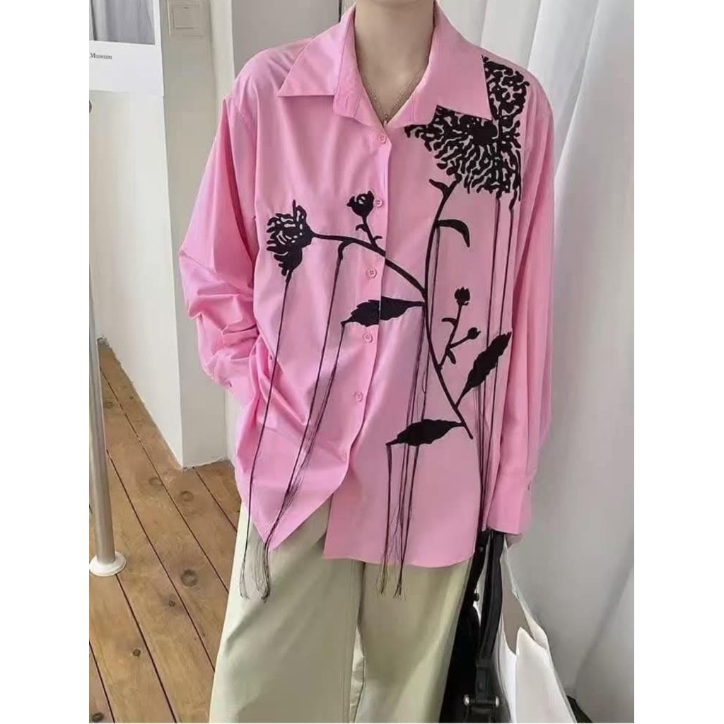 KEMEJA PINK WANITA / WOMAN PINK BLOUSE / FLORAL BUTTON FRONT SHIRT PINK LOOK LIKE NEIMAN MARCUS / KE