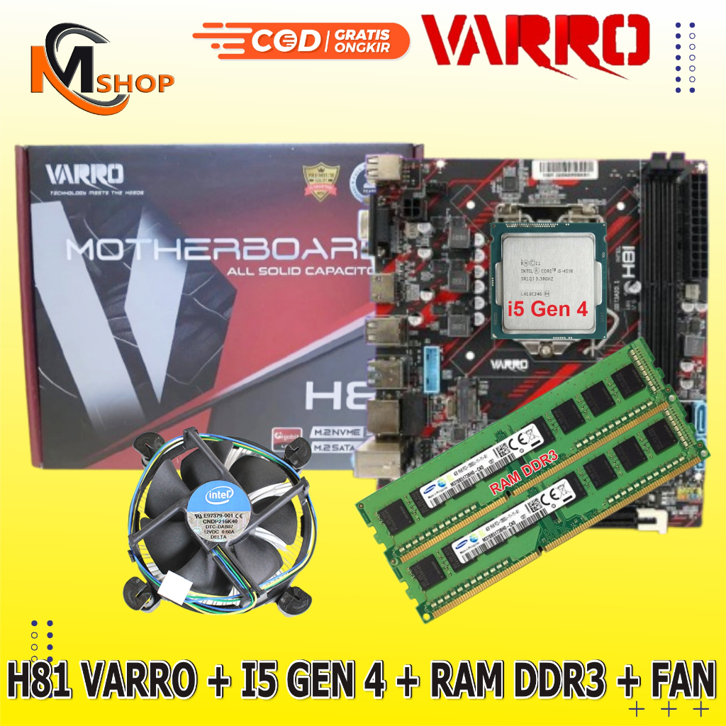 Mainboard Mobo H81 Varro NVME New + Processor Intel Core i5 Gen 4 + RAM DDR3 + Fan