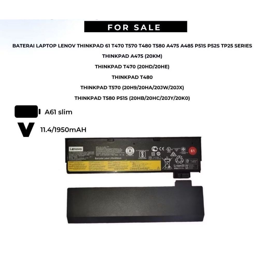 Baterai Batre Laptop ThinkPad T470 ThinkPad T480 ThinkPad T570 ThinkPad P51S ThinkPad A475 ORI